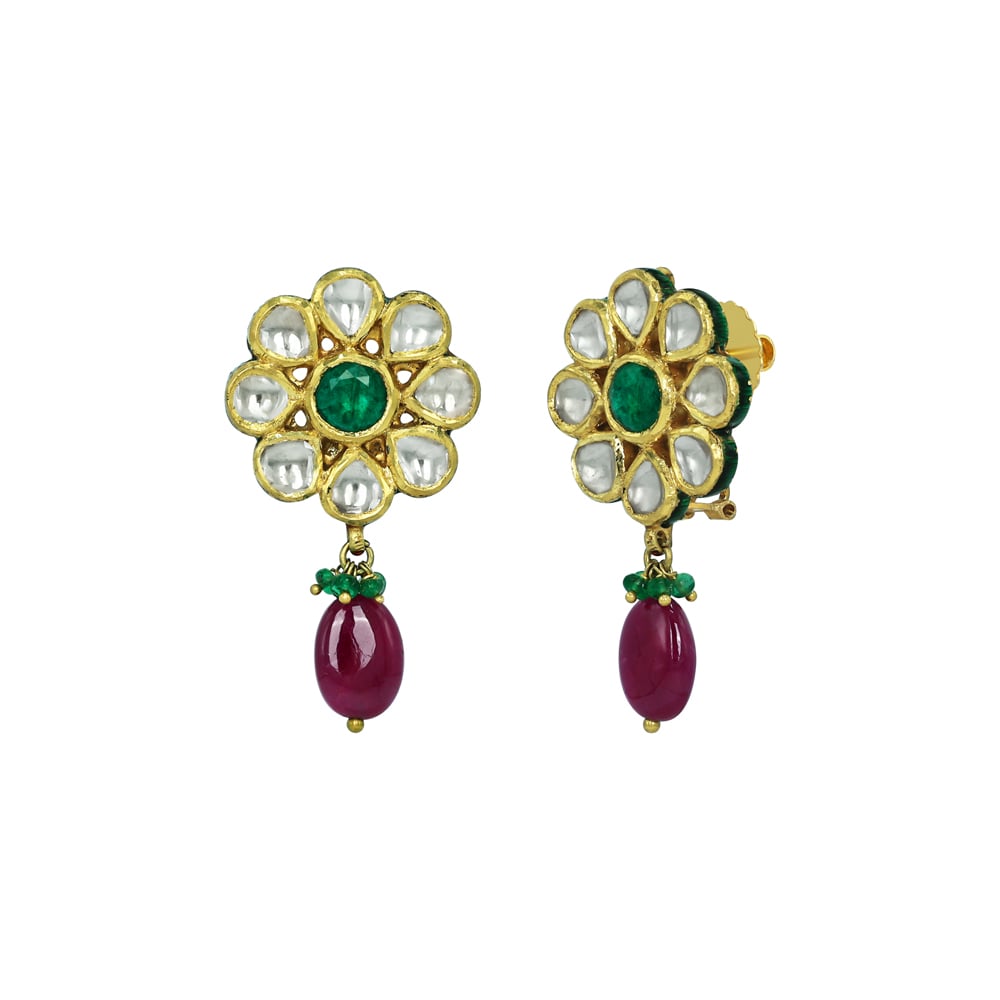 Round Polki Earrings with Emerald Center and Ruby Drops
